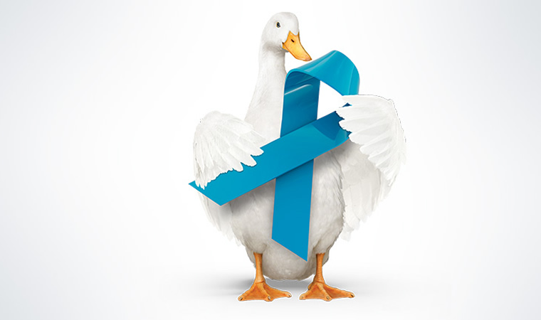 The Aflac Duck holding a blue ribbon